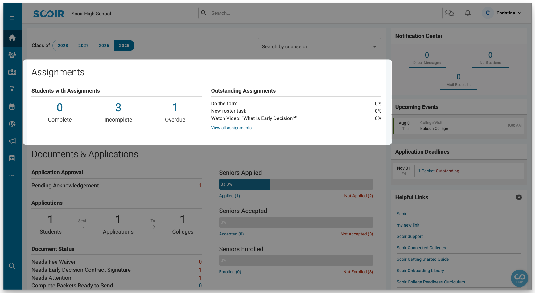 Assignments on the counselor dashboard