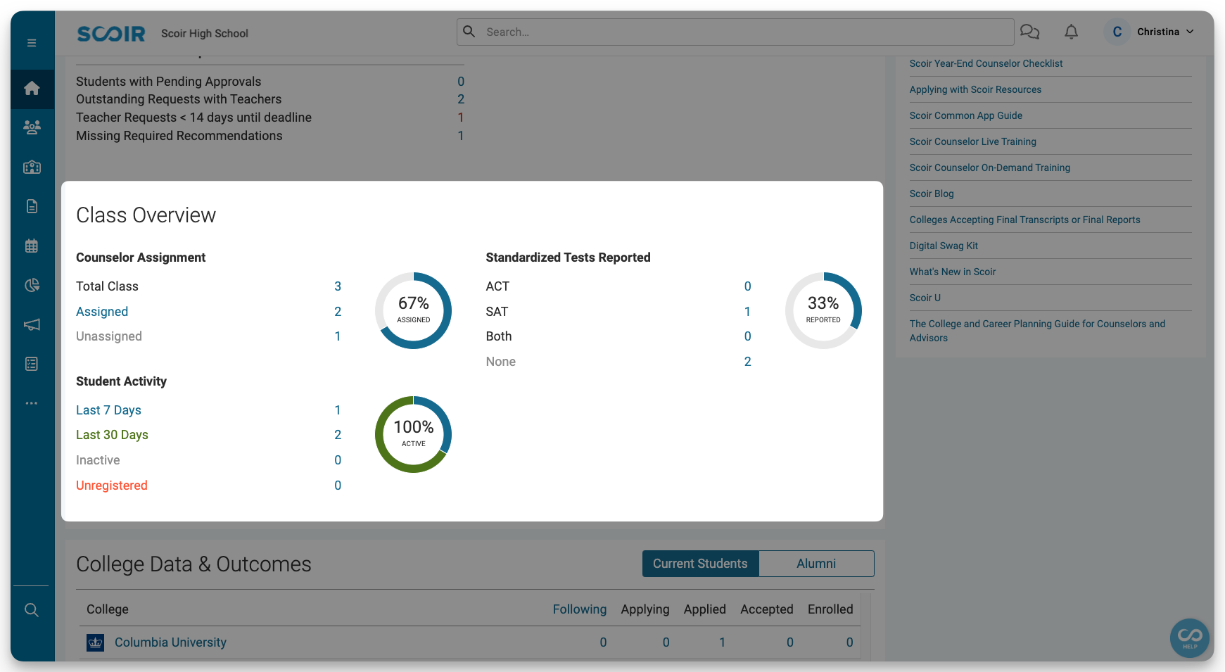 Class overview section on counselor dashboard