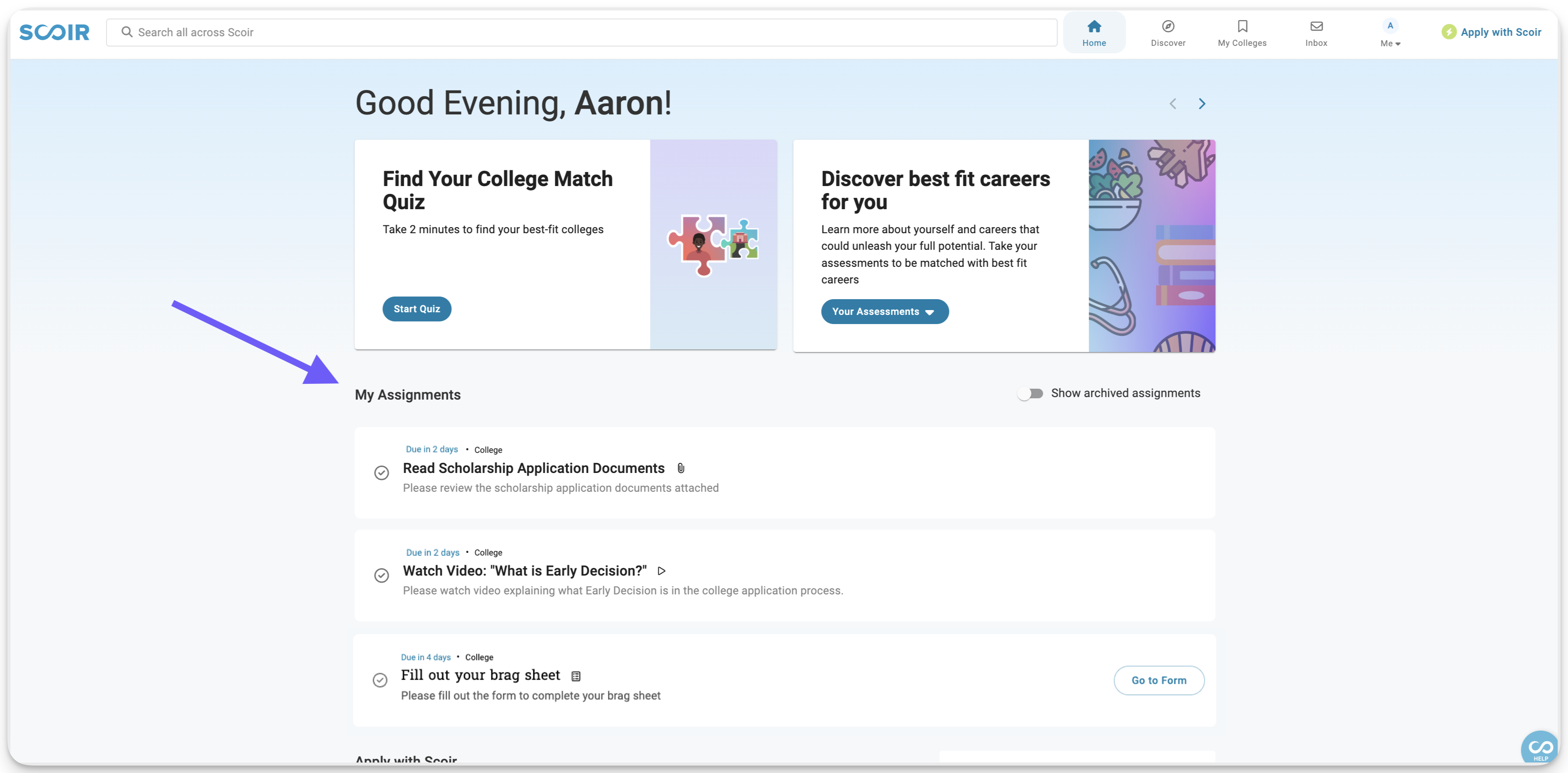 Assignments section of student dashboard