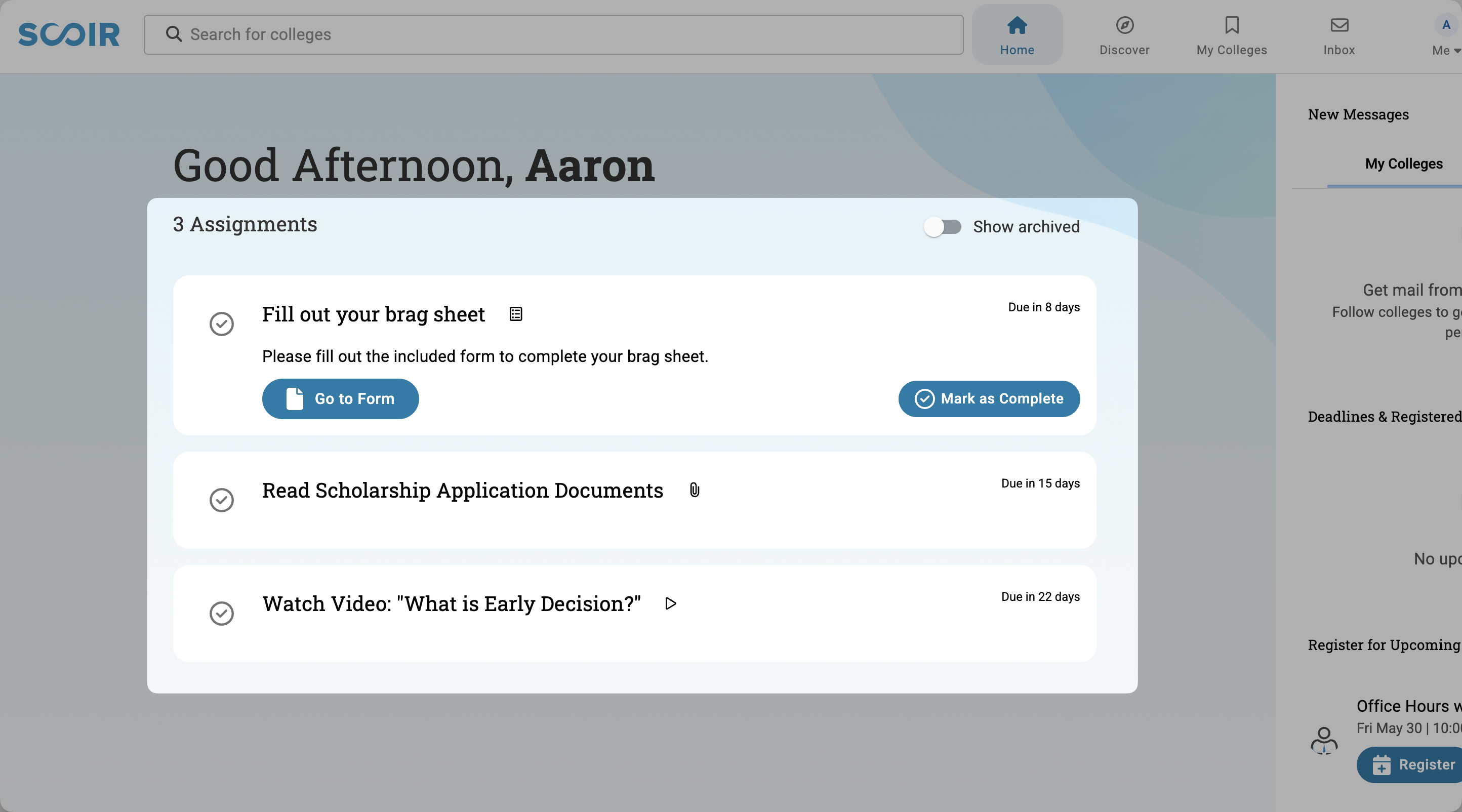 Assignments section of student dashboard