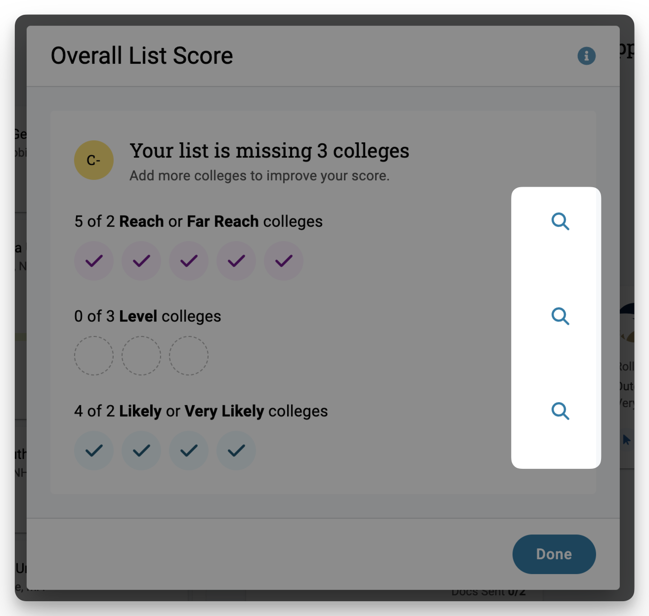 Balanced List score details panel with emphasis on search