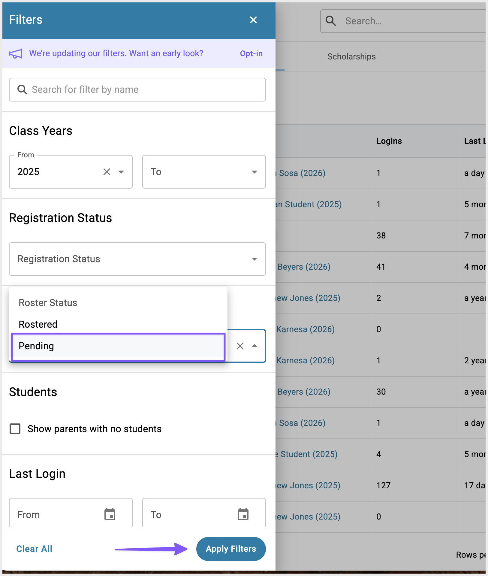 Filters menu on parent tab