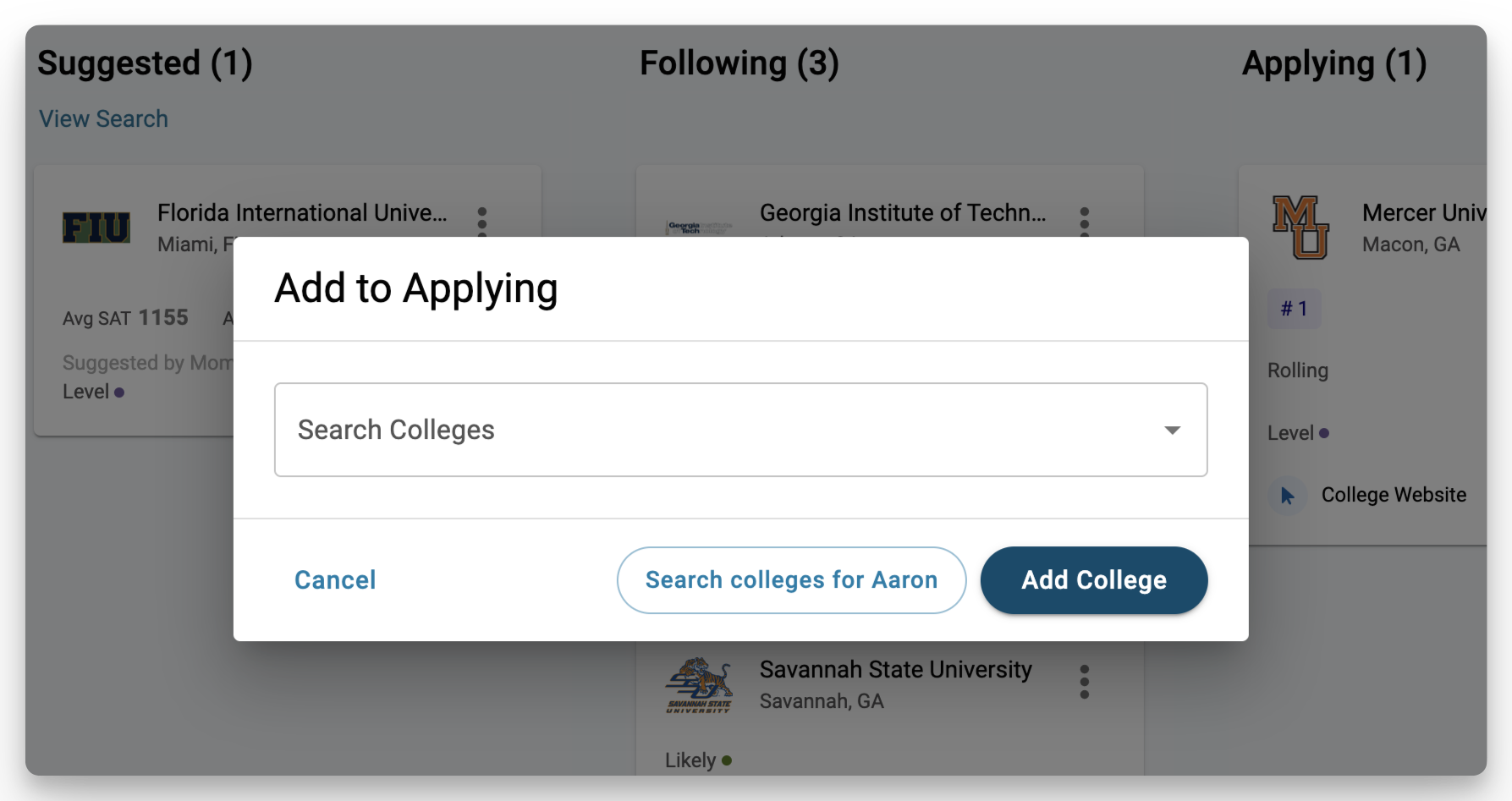 Dialog box to add a college to a student's college list