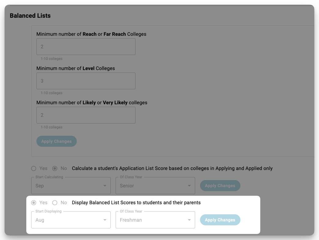 Settings to display balanced List Scores to students and their parents