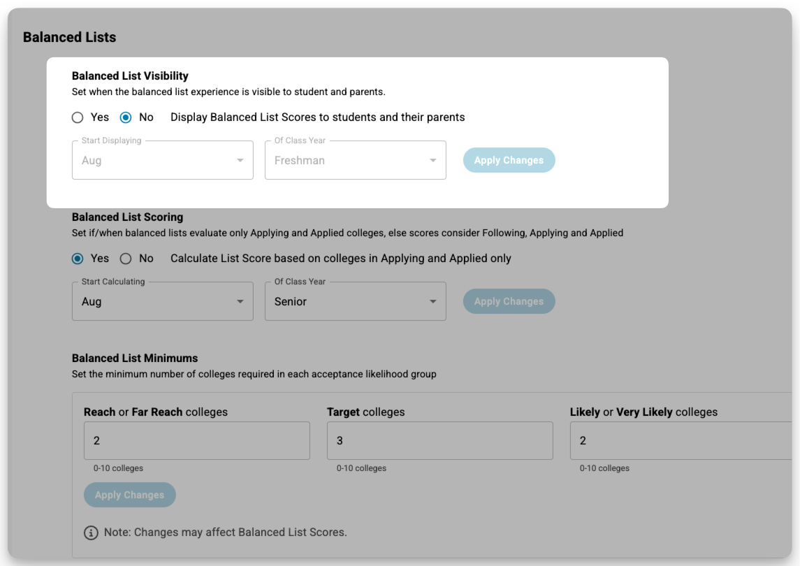 Settings to display balanced List Scores to students and their parents