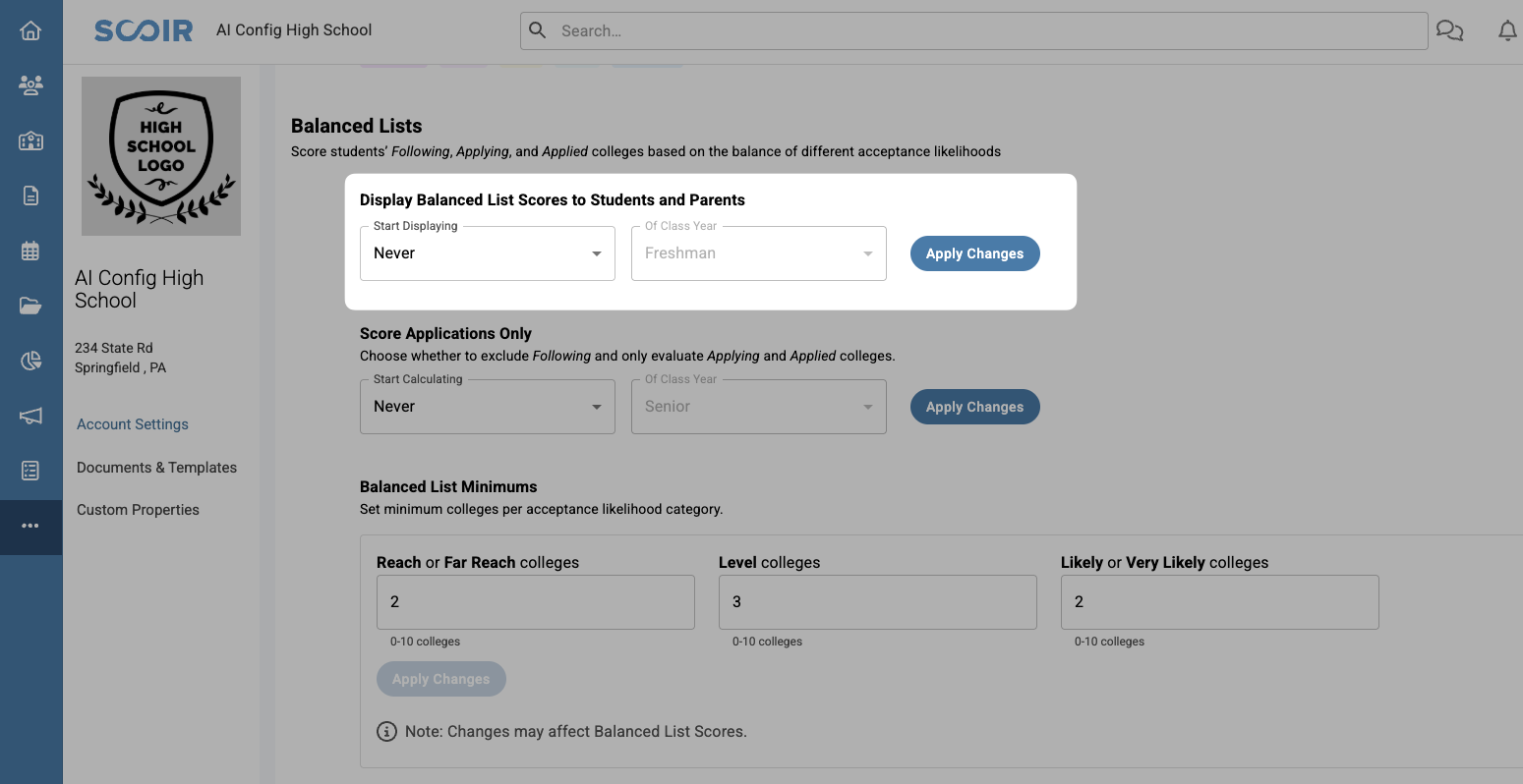 Settings to display balanced List Scores to students and their parents