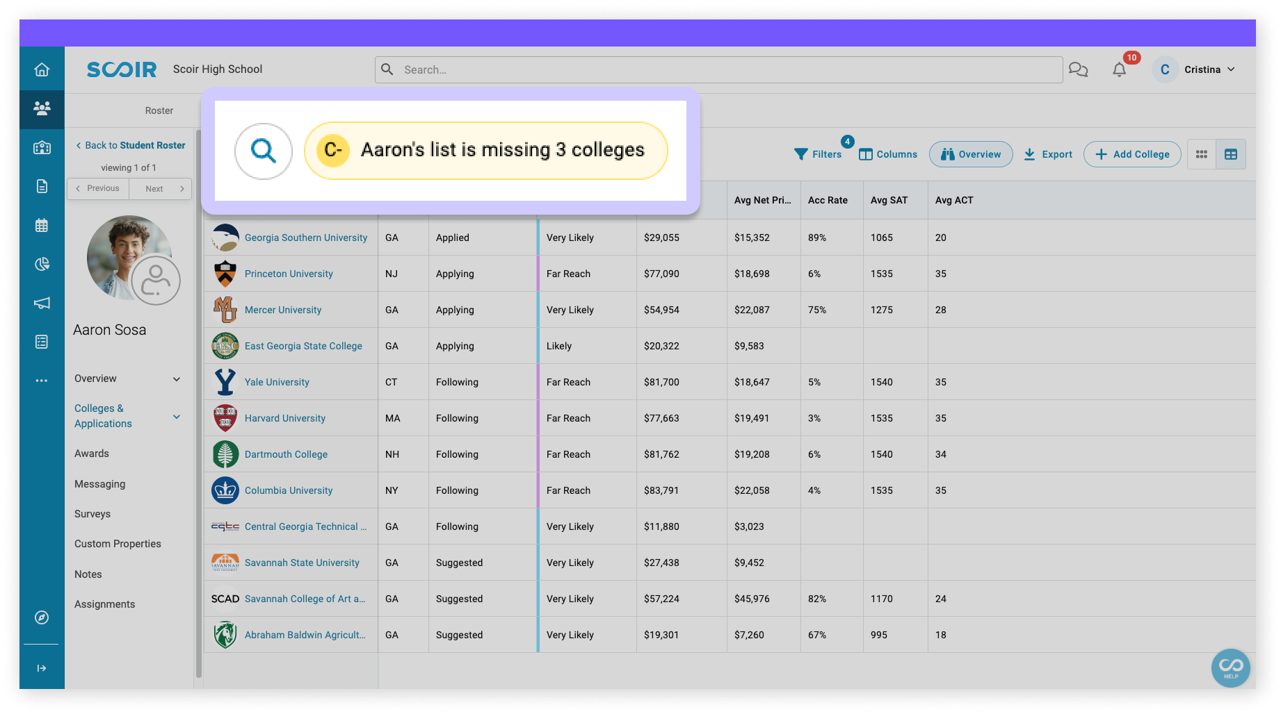 Search bar and list score in counselor table view of my colleges