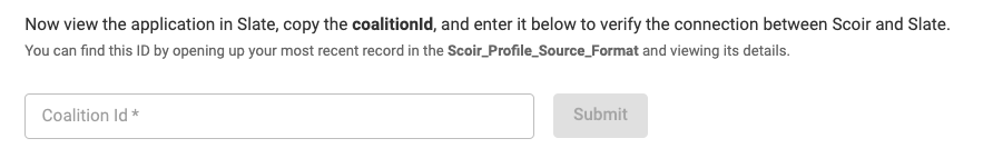 Screenshot showing instructions to enter a 'Coalition Id' in an input field and a 'Submit' button.