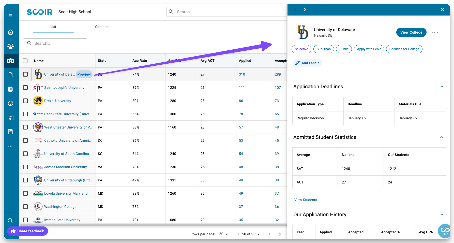 Accessing preview drawer from Colleges