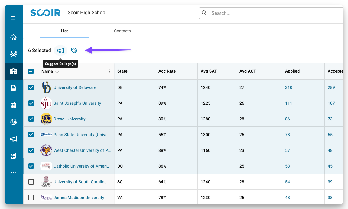 Taking other actions on colleges page