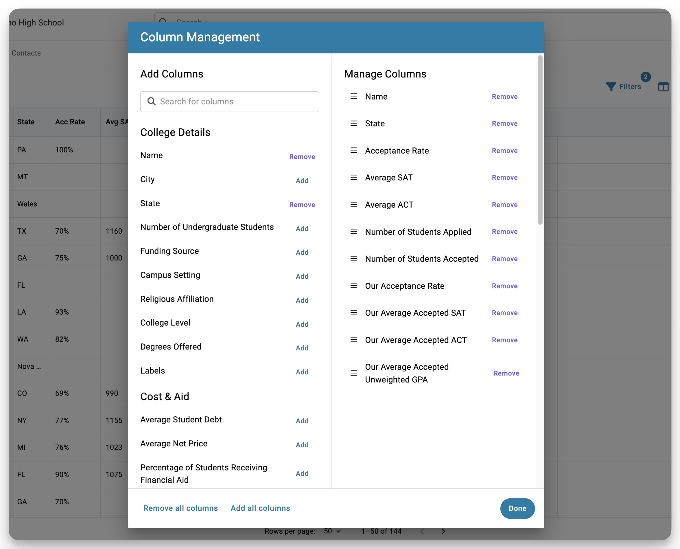 Columns management window in Colleges page