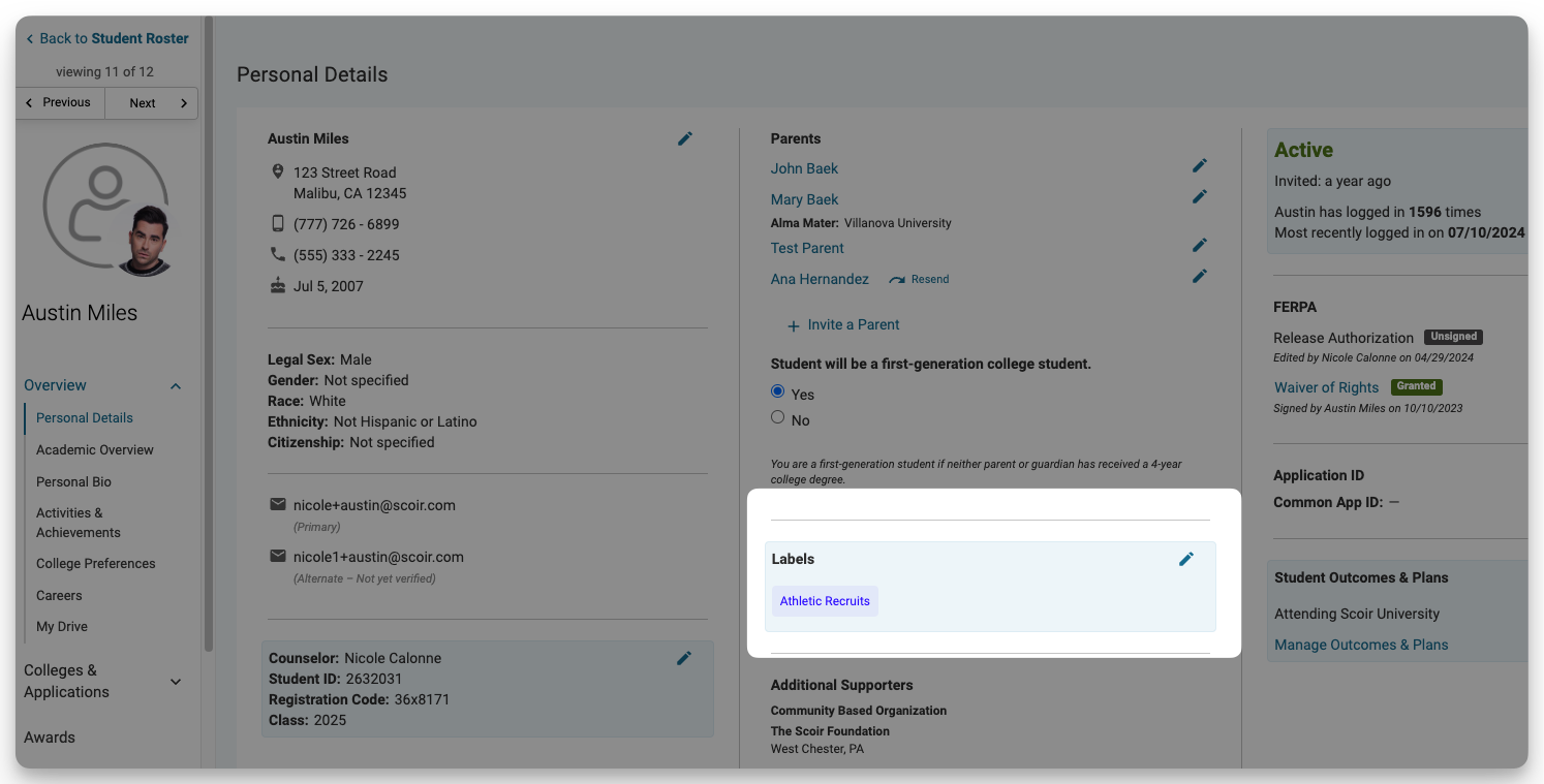 Adding labels from the personal details section of a student profile