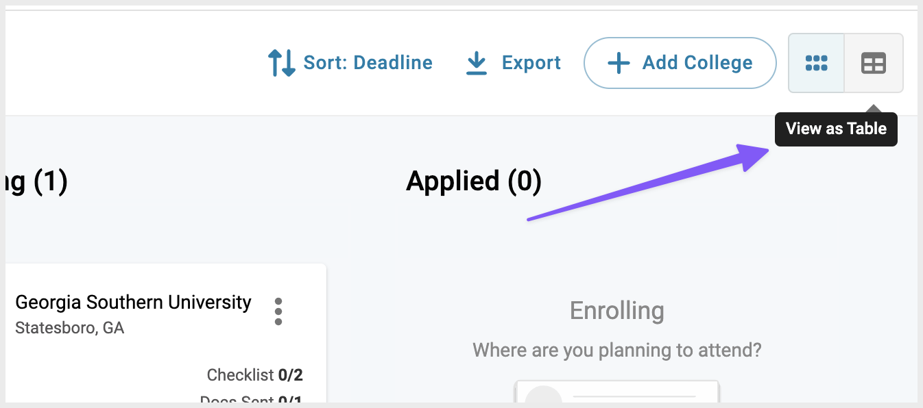 Toggle to switch to table view of My Colleges