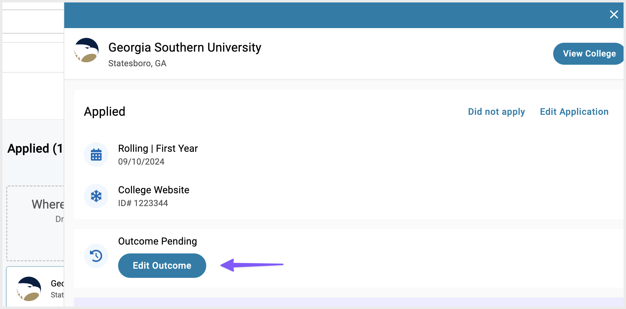 Edit outcome button from college detail panel