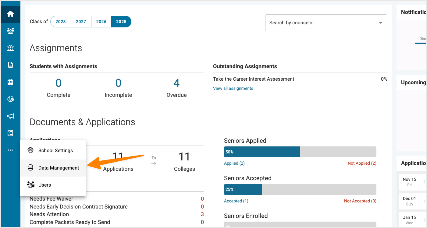 Data Management button in Scoir account