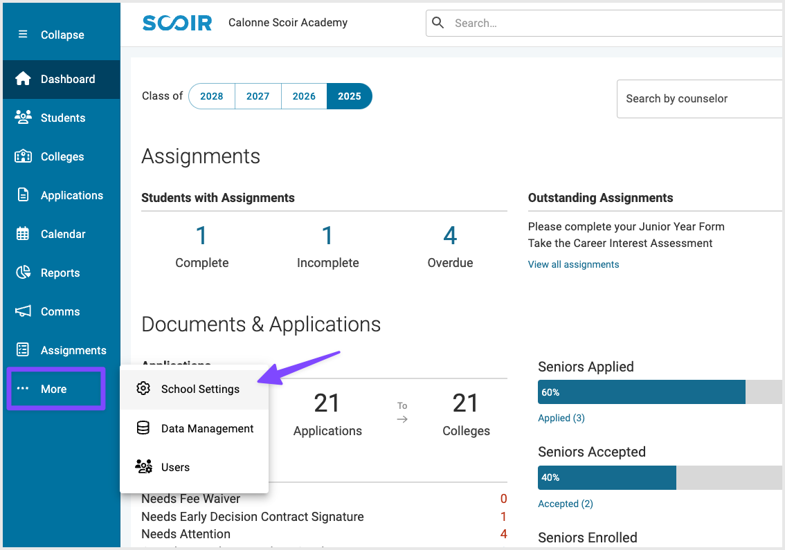 Accessing school settings from main navigation