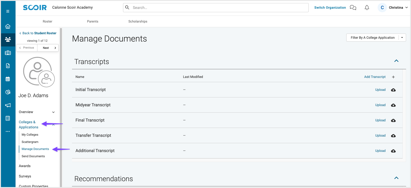 Access Manage documents from student profile
