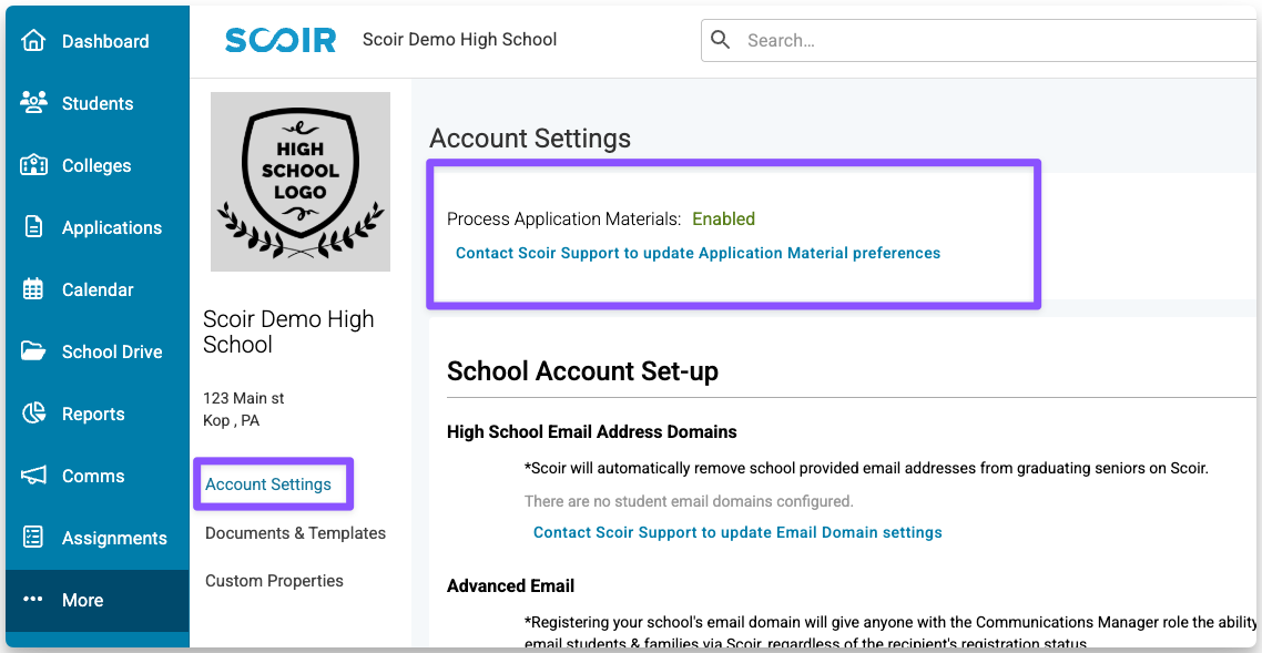 Process Application Materials setting
