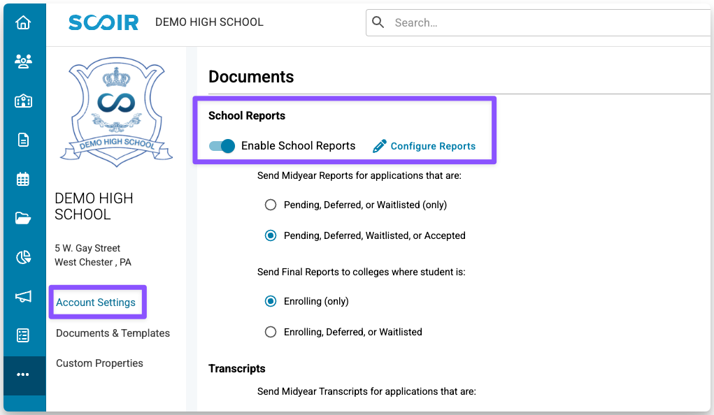 School reports toggle in school settings
