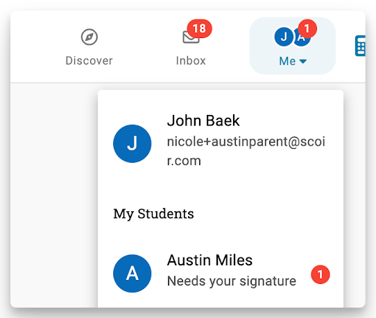 Profile menu on parent profile