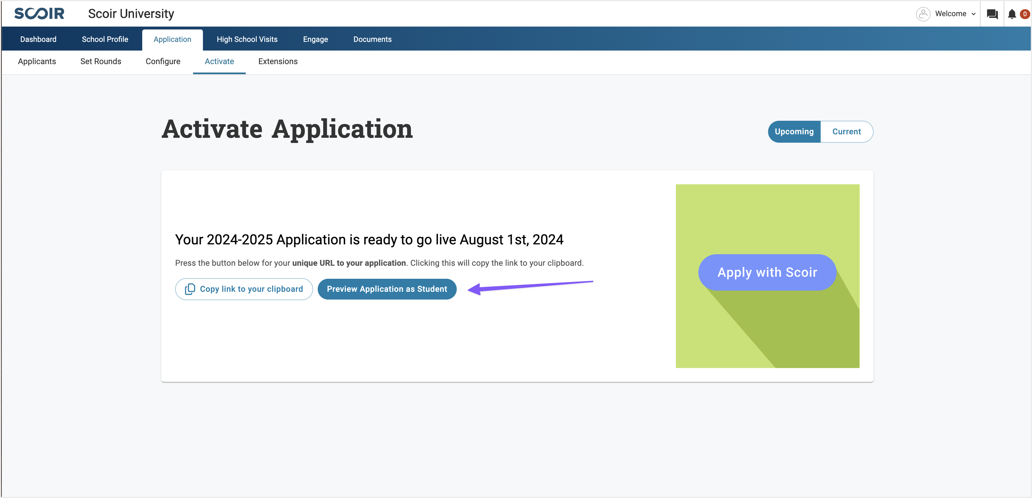 Preview Application as Student button on final Activation page