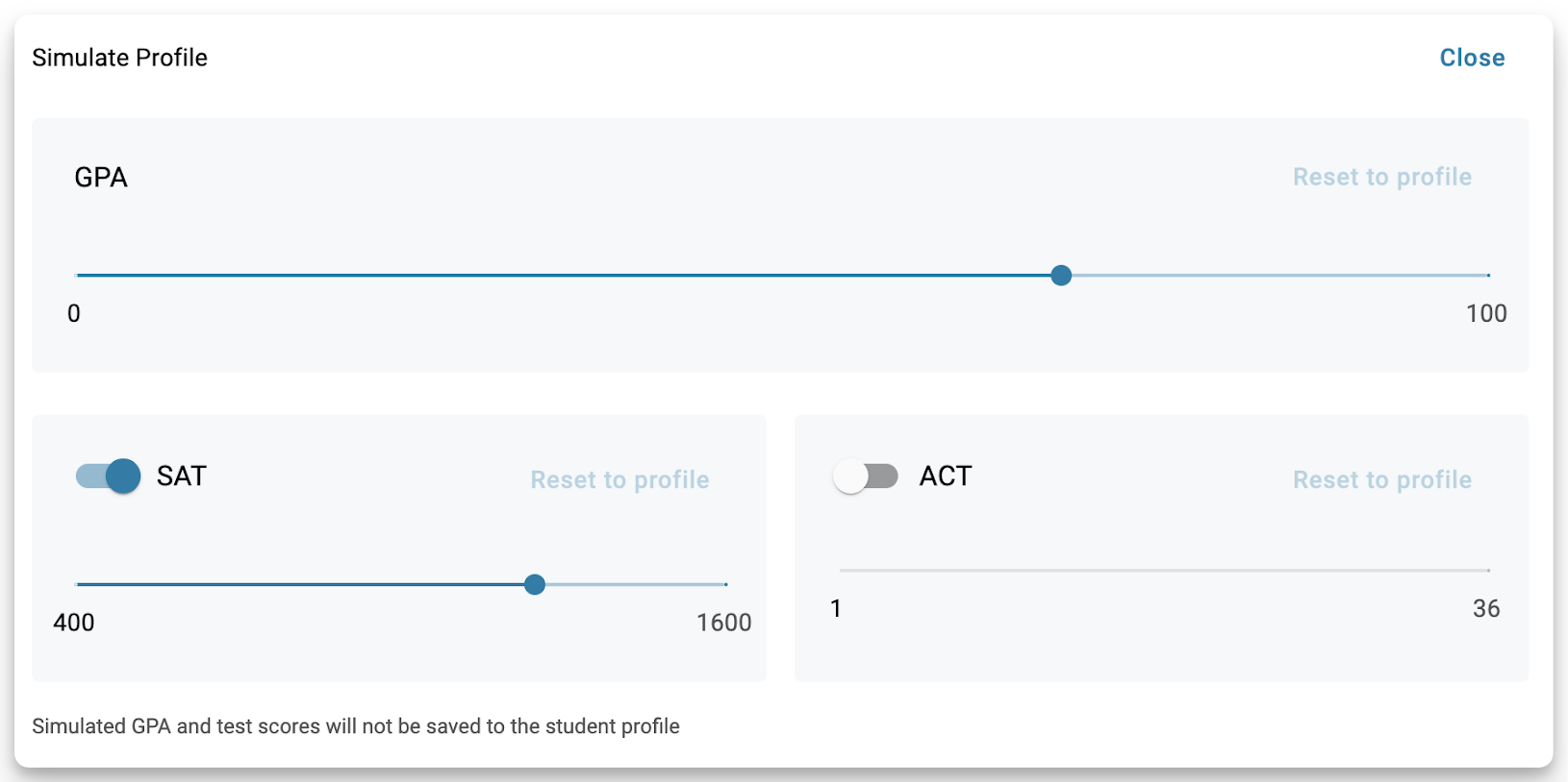 Predictive Chances - student profile simulation controls