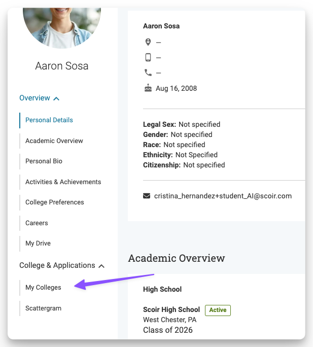 Access My Colleges from student profile