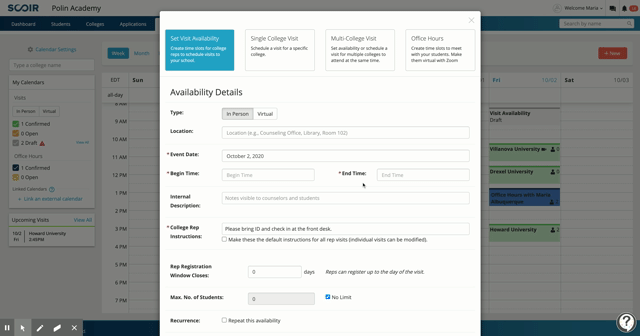 For Counselors: Scheduling In-Person Visits & Availability - User Guide ...