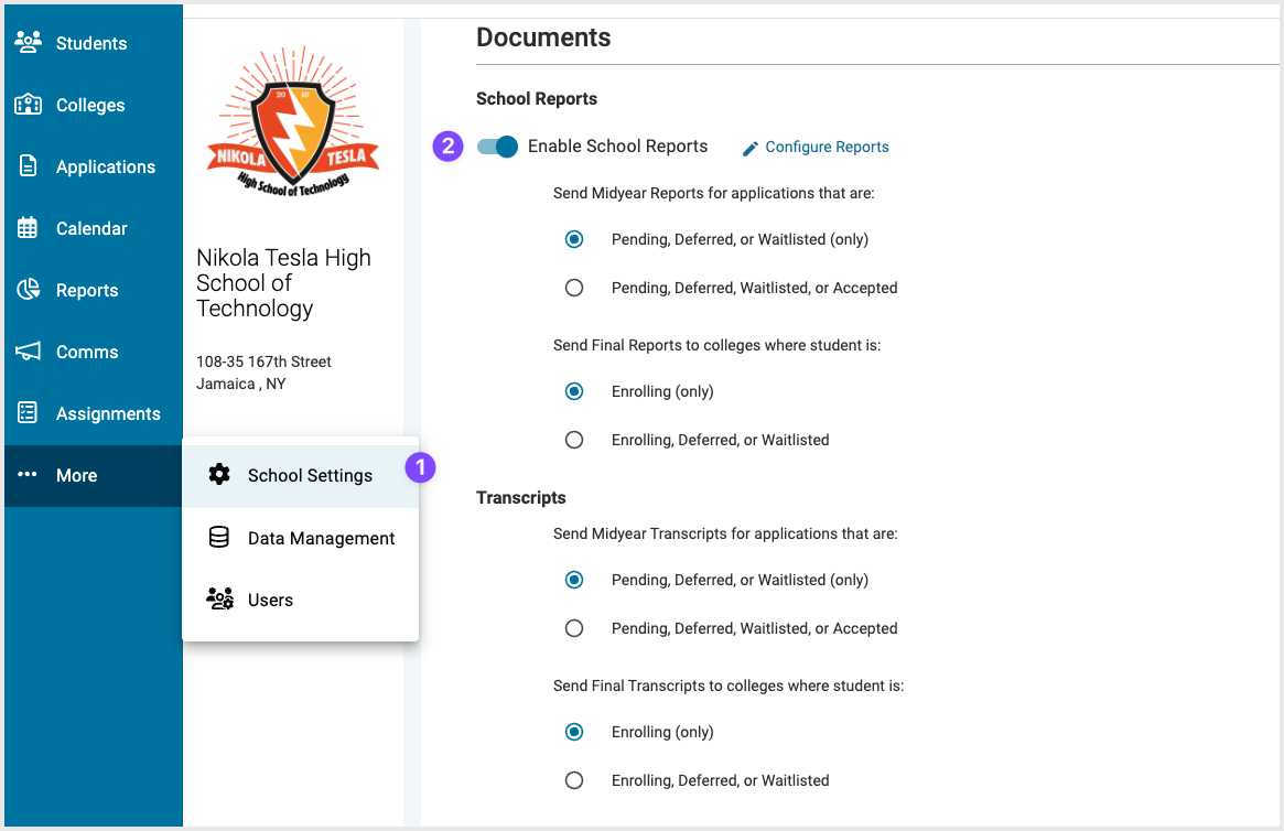 Enabling School reports in school settings