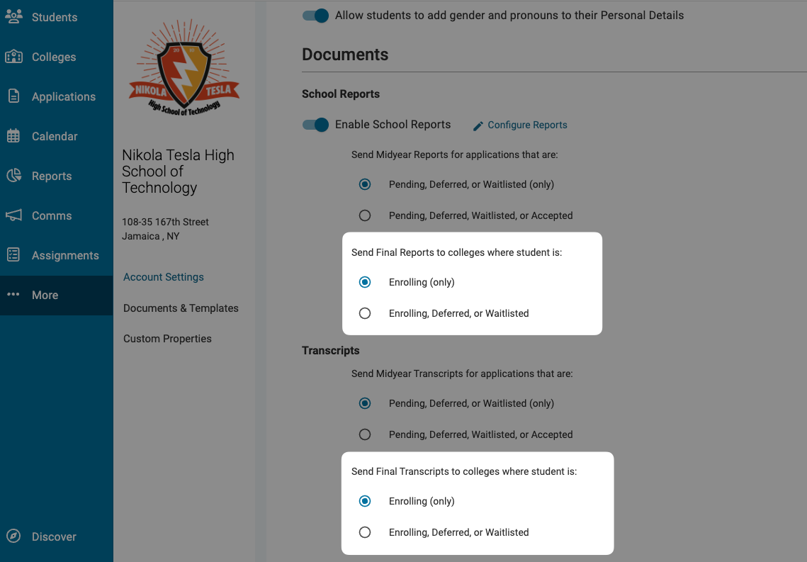 Settings for final reports and transcripts