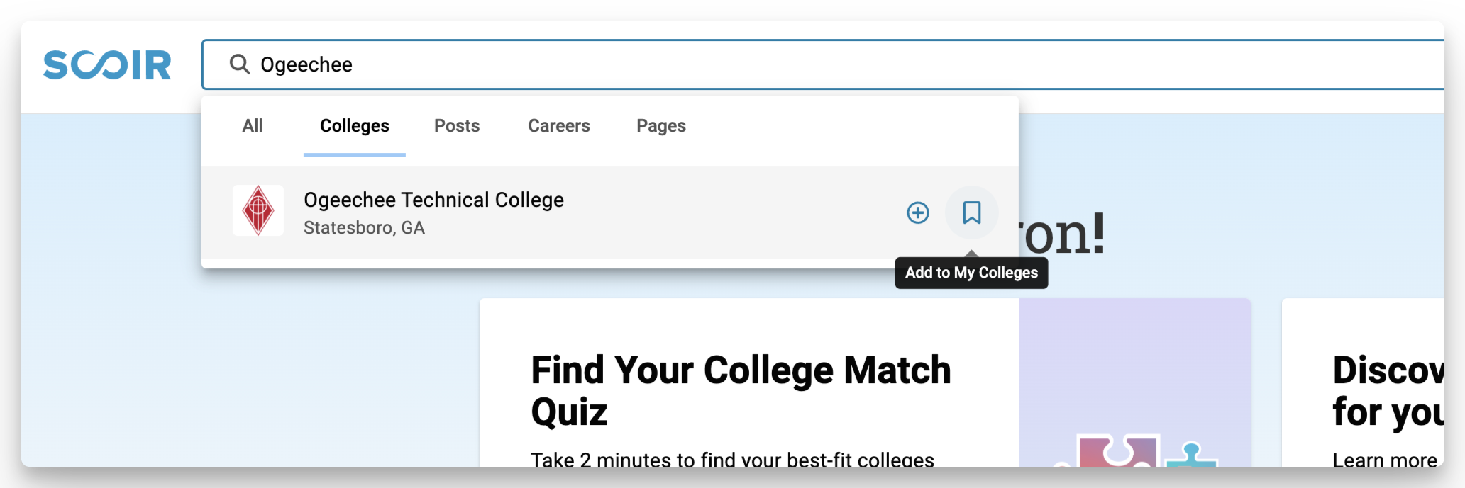 Add college from search bar