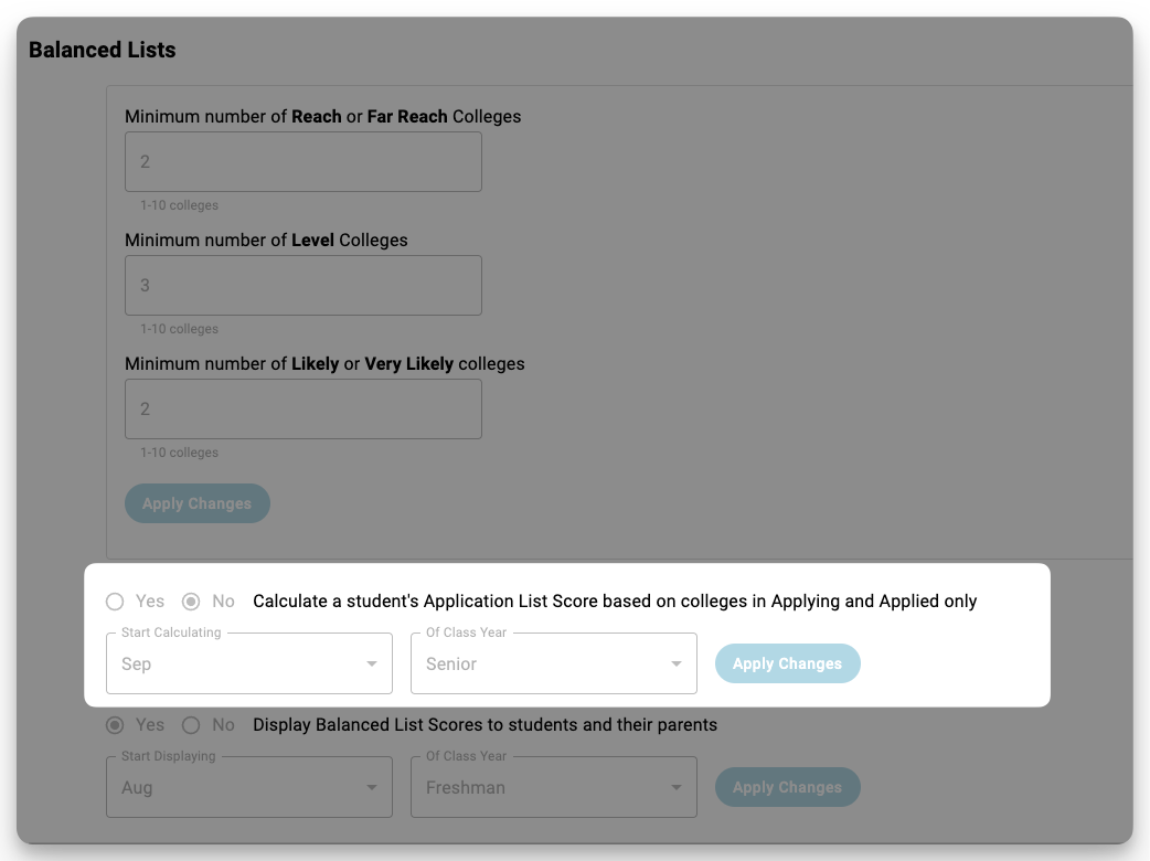 School settings to customize balanced list score for Applying and Applied colleges 