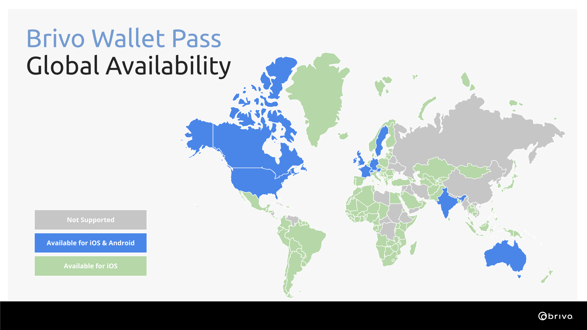 Wereldkaart met de beschikbaarheid van Brivo Wallet Pass