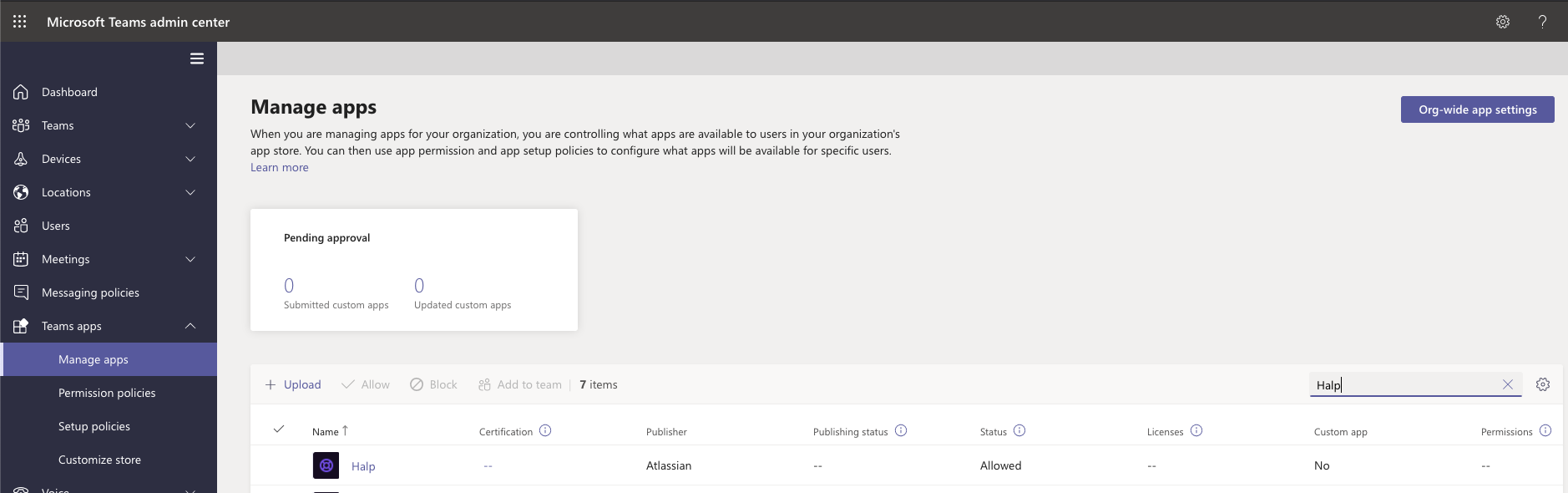 example search window for teams admin portal