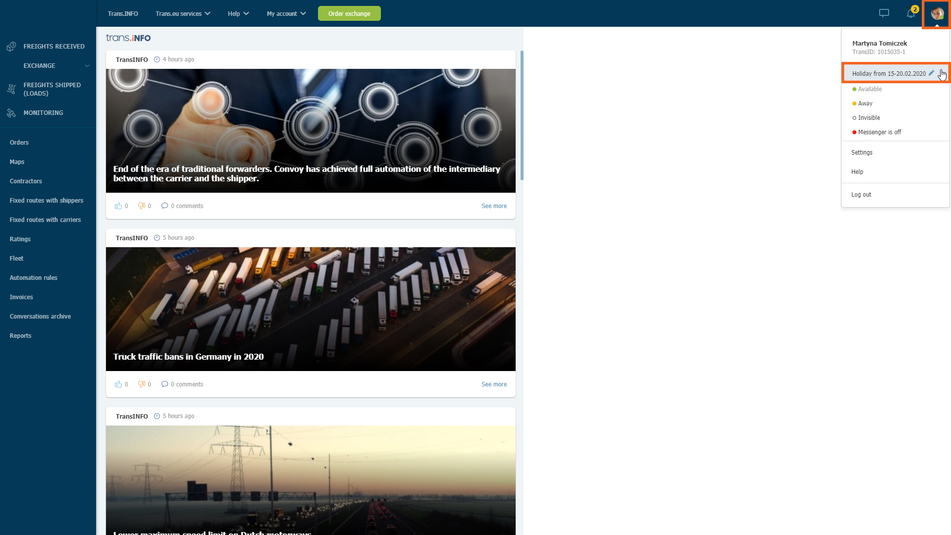 See the status on the Trans.eu Platform