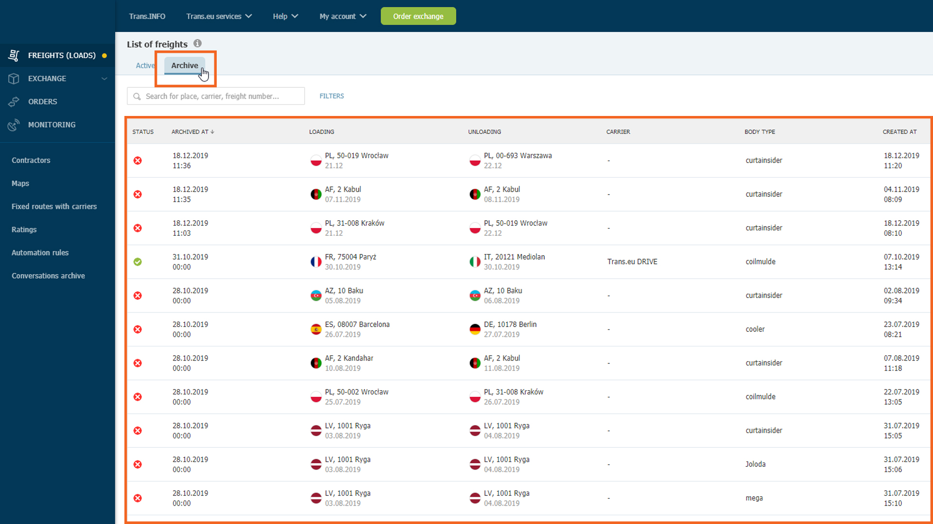 Archive tab on the Trans.eu Platform