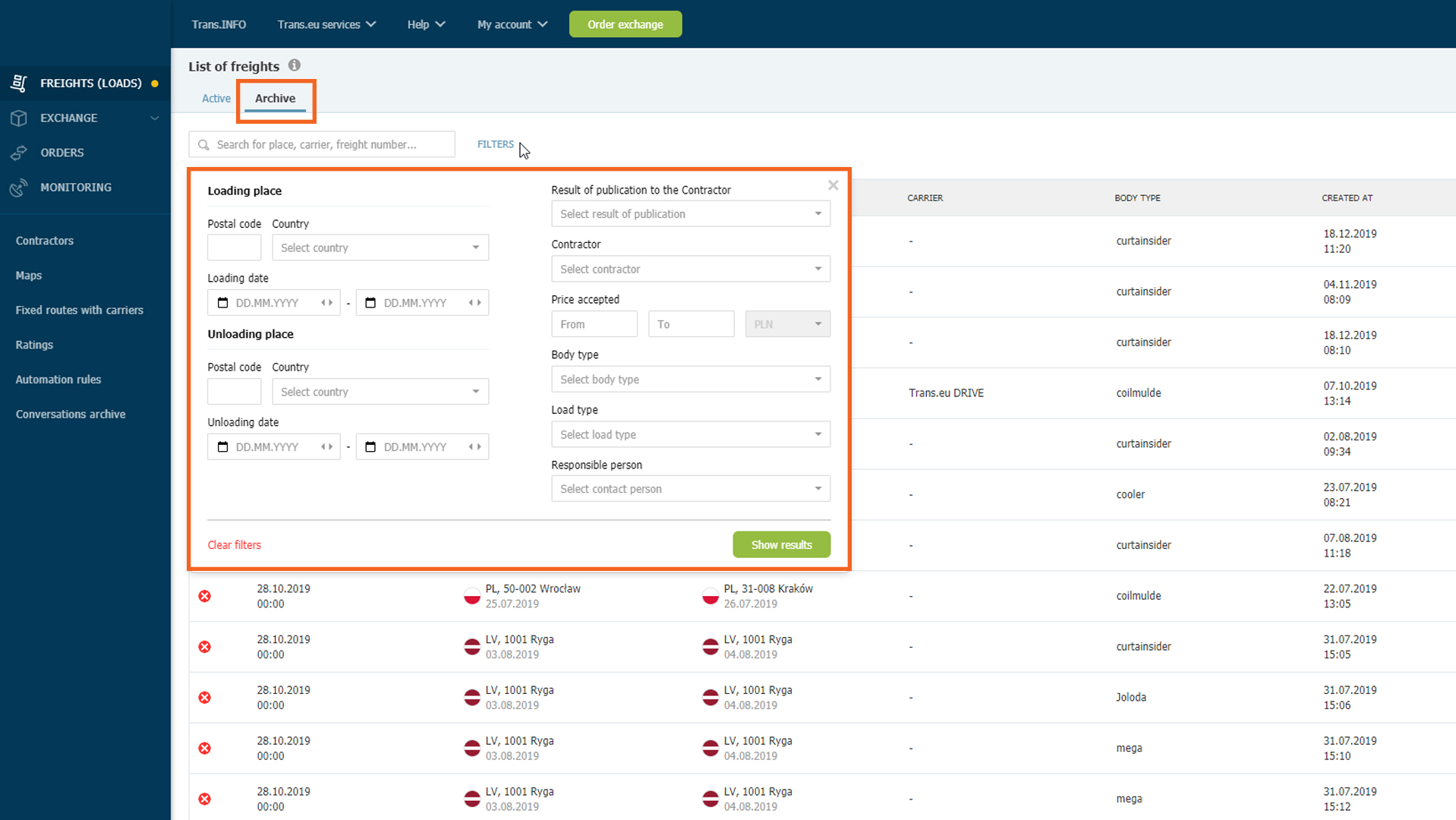 Archive tab with filters on Trans.eu Platform