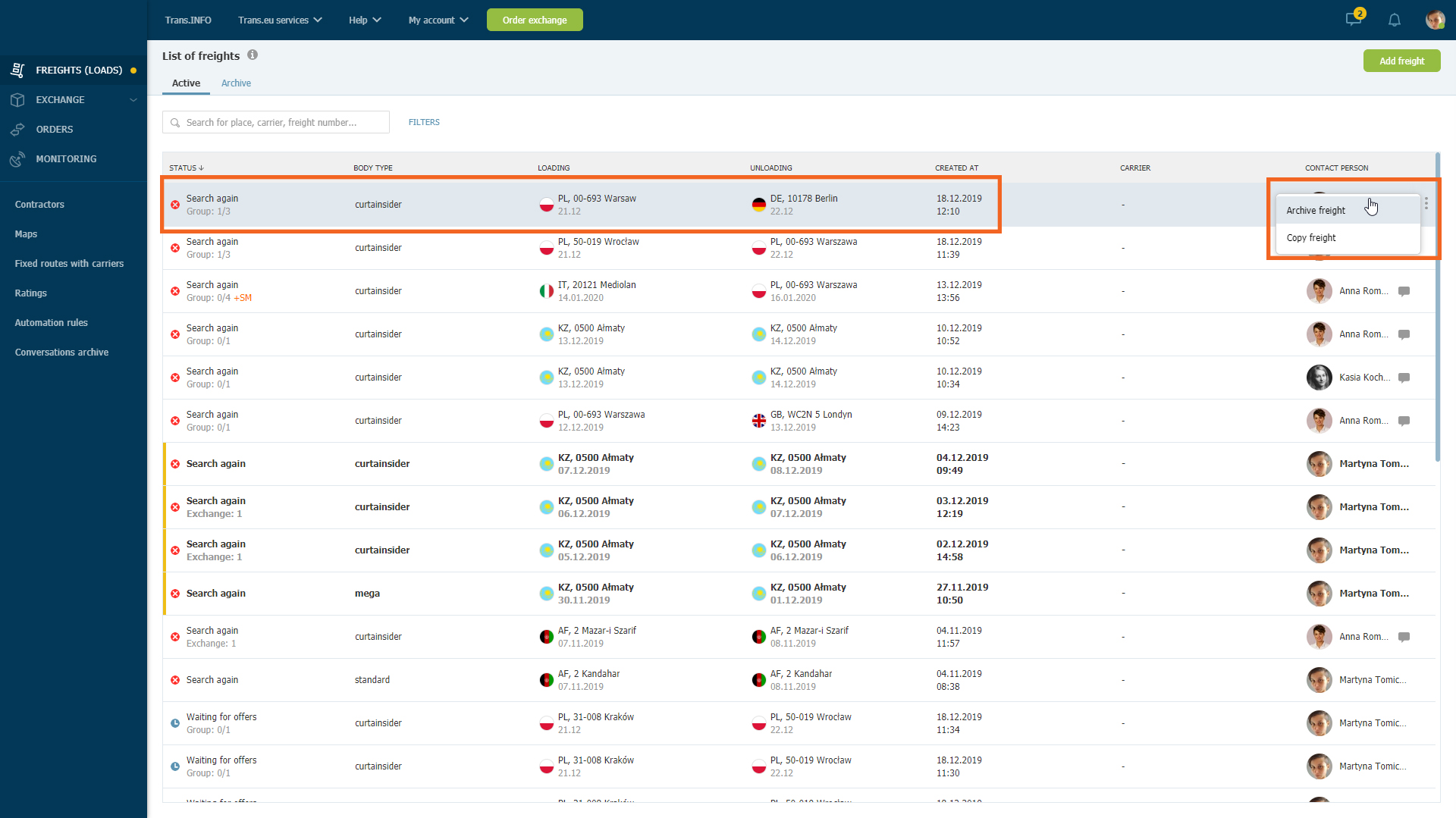 Archiving freight manually on the Trans.eu Platform