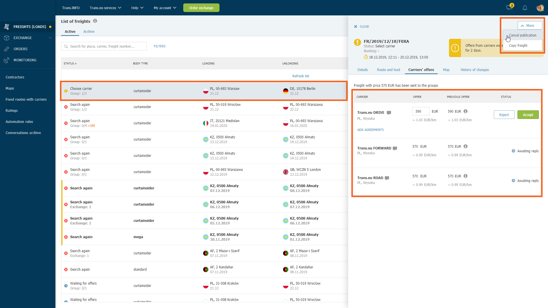 Step 1_Canceling the freight with active offers on the Trans.eu Platform