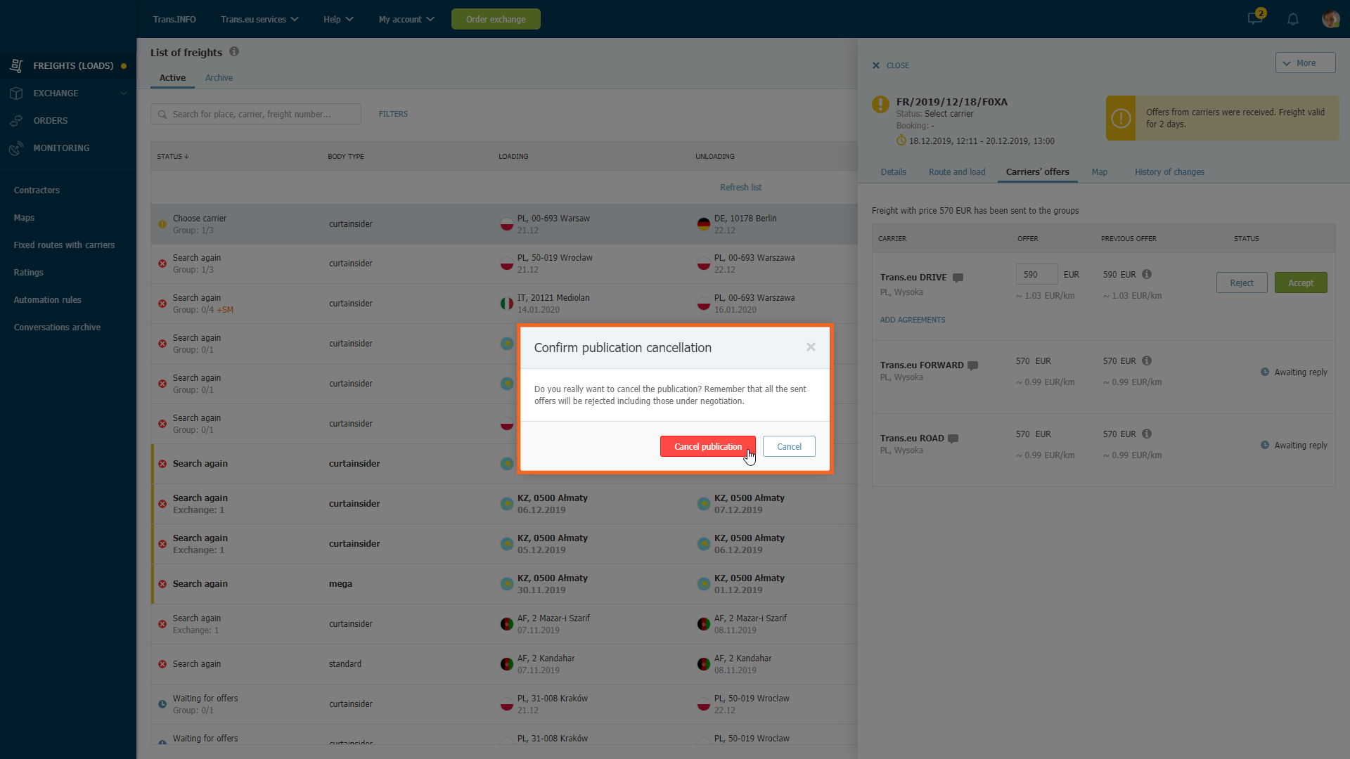 Step 2_Confirming freight cancelation on the Trans.eu Platform