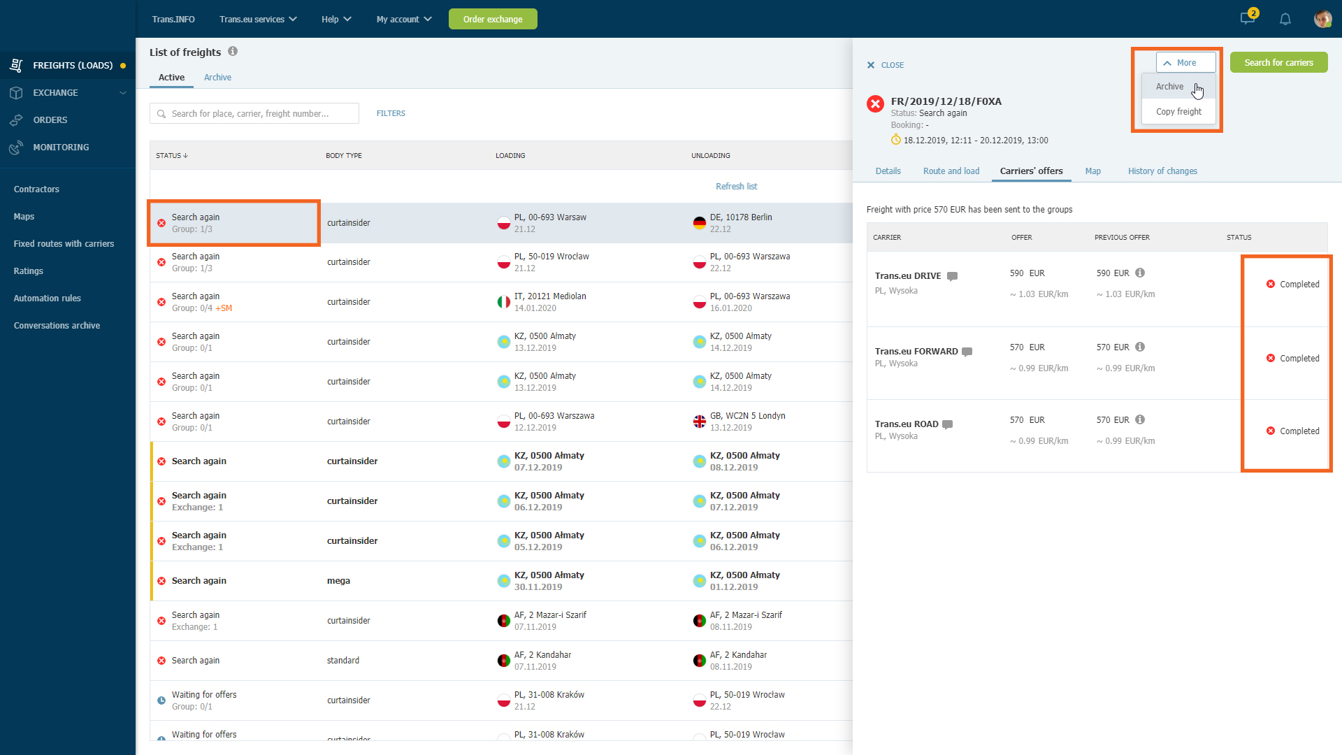 Step 3_Archiving the freight on the Trans.eu Platform