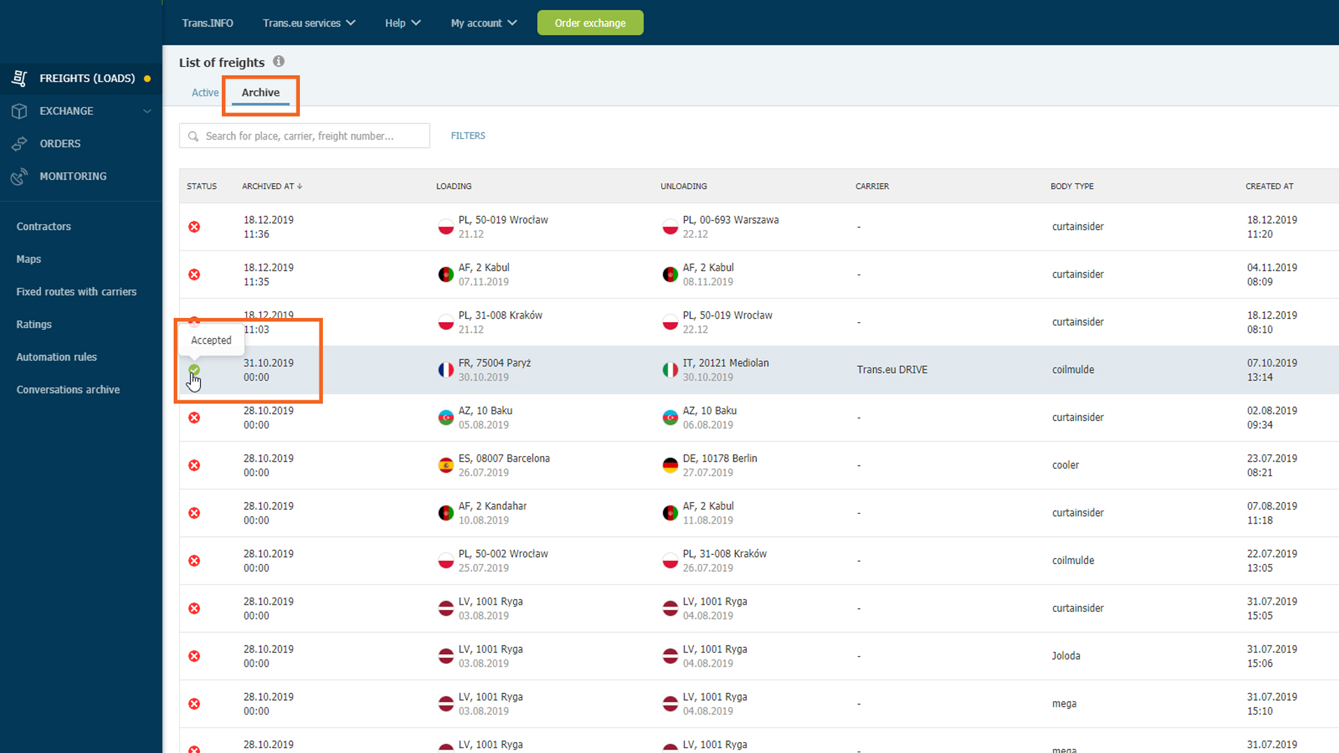 Archived freight with Accepted status in the Archived tab on the Trans.eu Platform