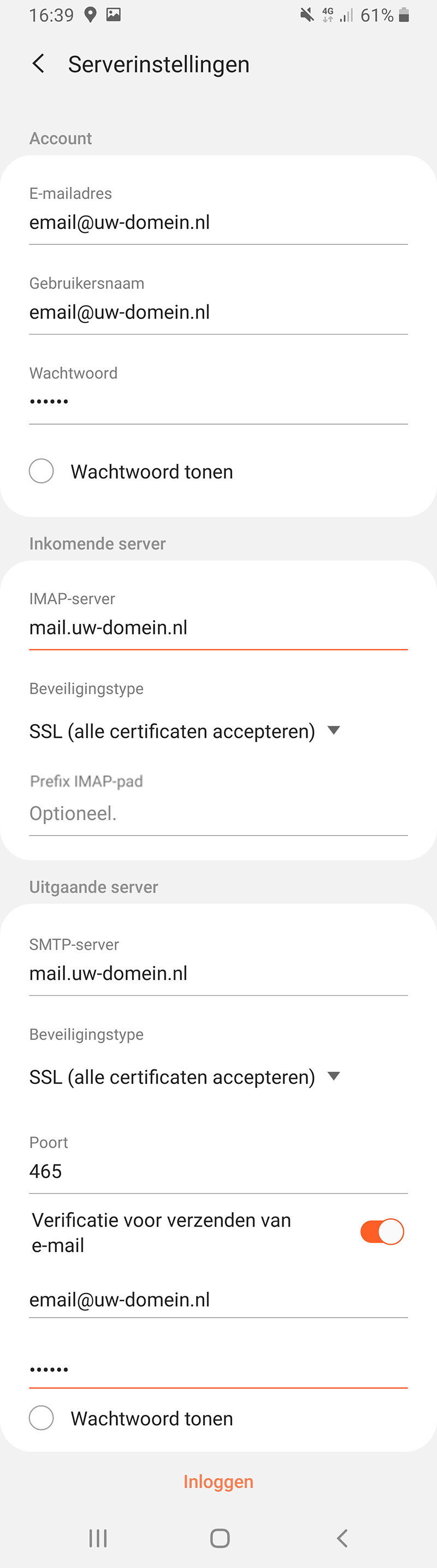 Serverinstellingen voor het instellen van een e-mailaccount