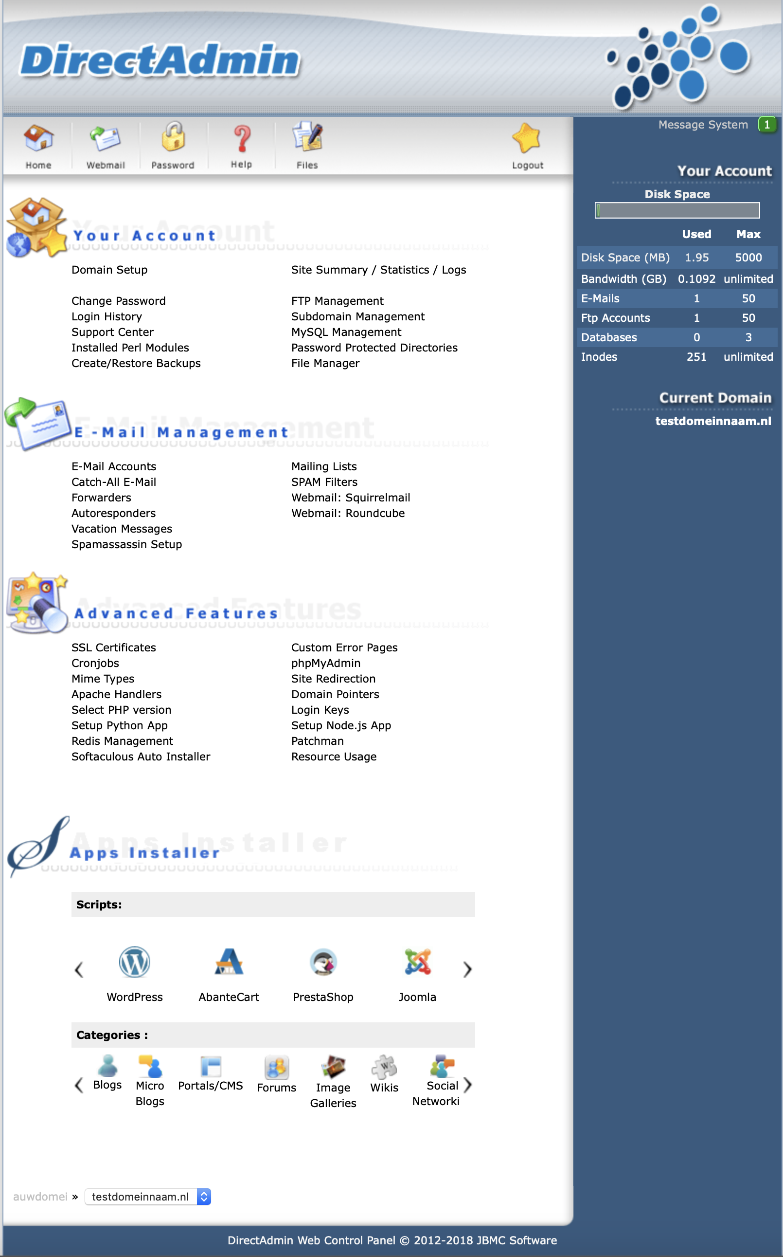 DirectAdmin controlepaneel