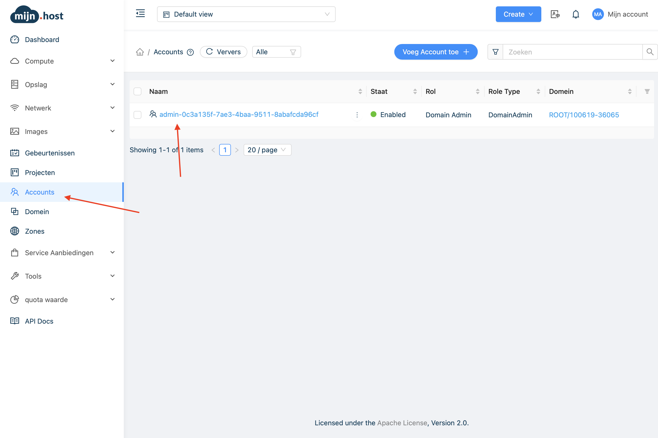 Klik accounts in CloudStack