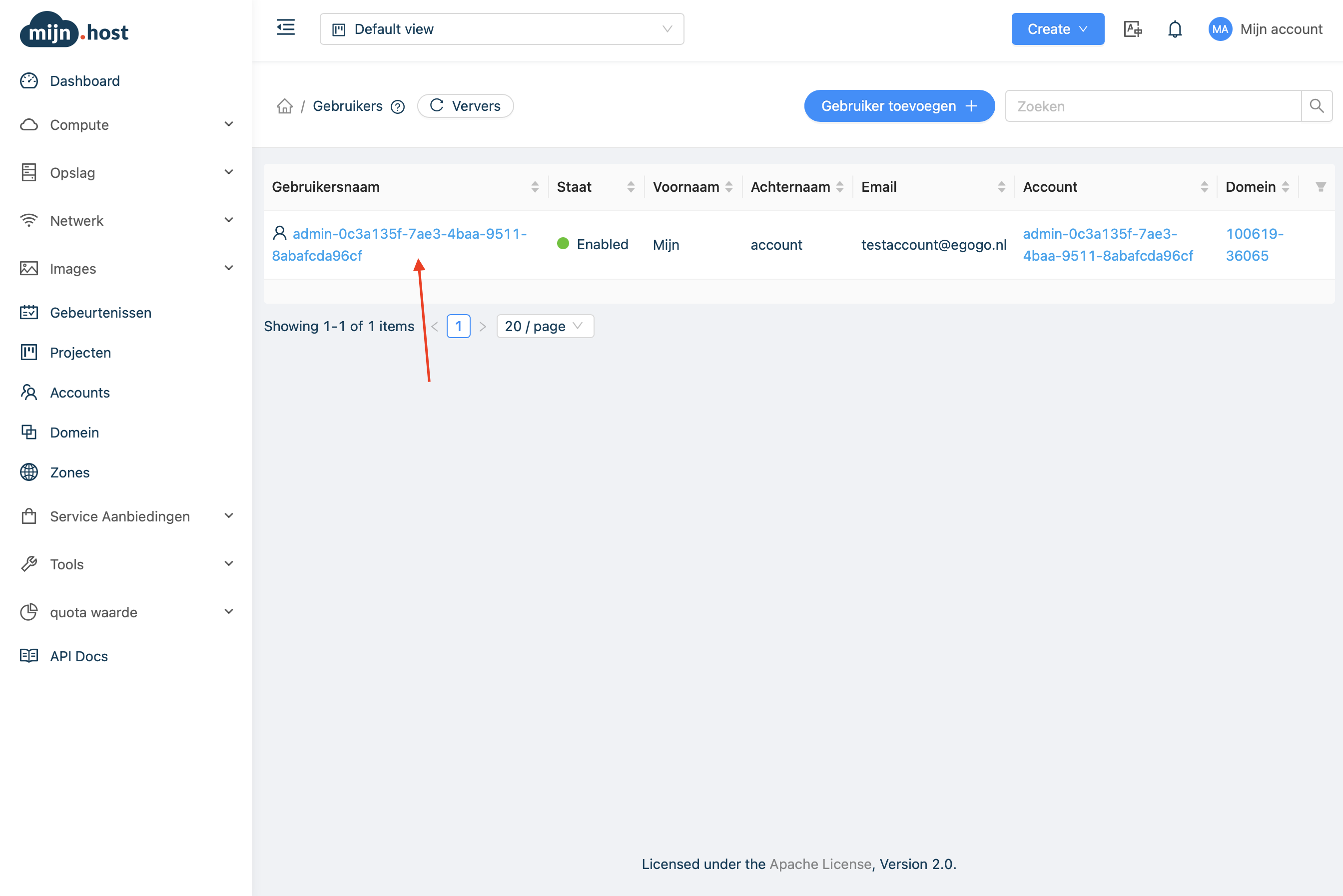 Klik op gebruikersnaam in CloudStack