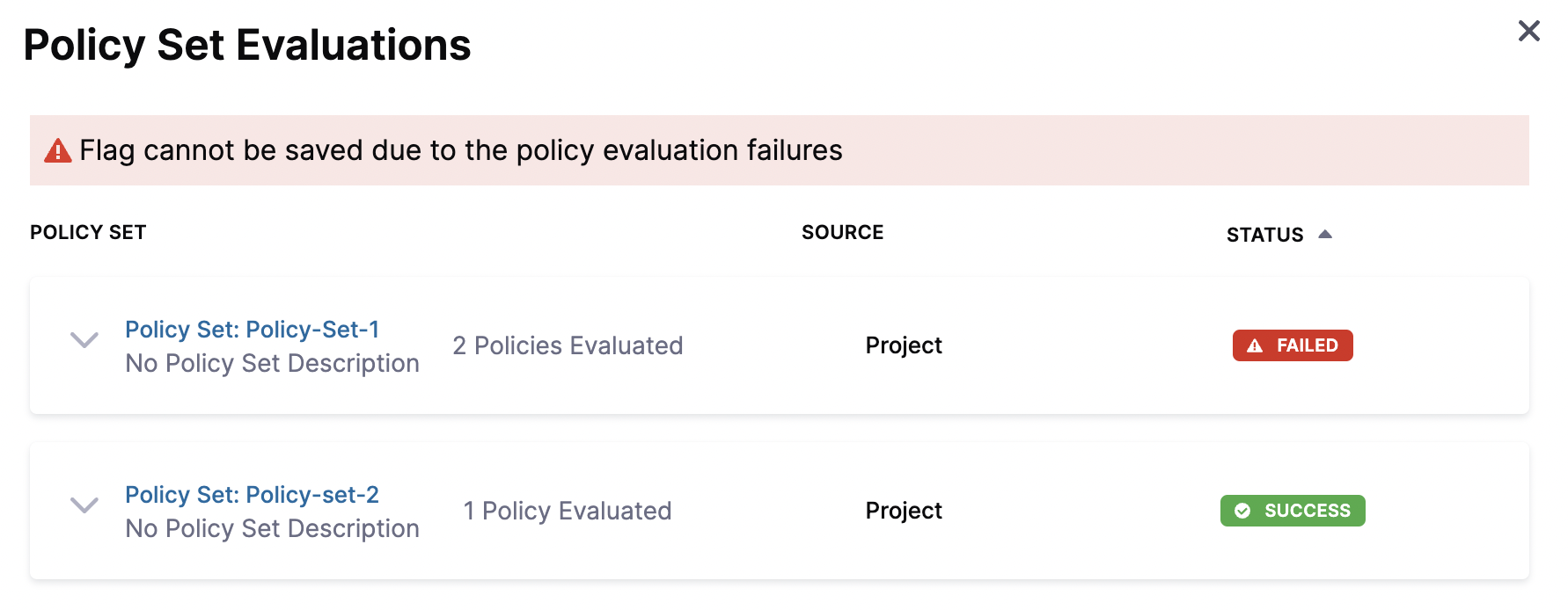 Screenshot of the error message "flag cannot be saved due to the policy evaluation failures".