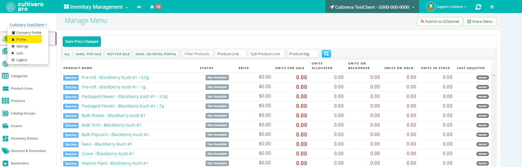 cultivera pro inventory management manage Menu page