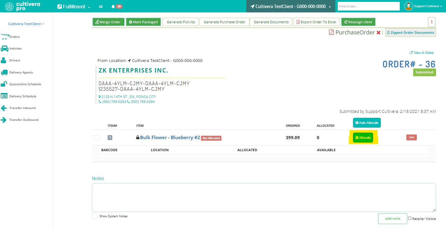 example of cultivera pro fulfillment module order page
