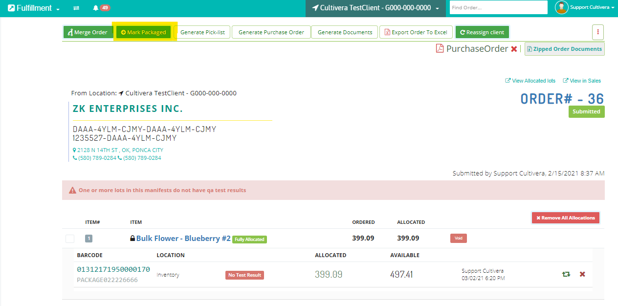 example of cultivera pro fulfillment module order page with "mark packaged" highlighted